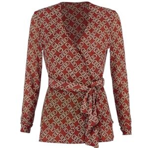 Cabi Women's M scarf Print Long Sleeve ringleader Wrap Top Orange chain office